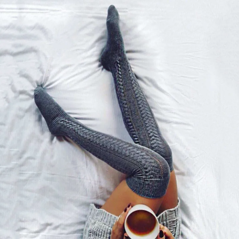 

Adult Size Overknee Knitting Woven Hosiery Stockings Weave Warm Knit Elastic Hollow Home Room Twist Braid Long Knee Faux Wool