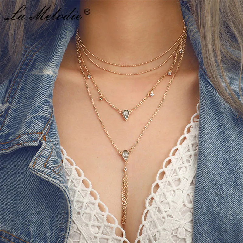 

New Bohemia Gold Color Multi-layer Necklace Water Drop Pendant Link Chains Tassel Necklaces Choker Gift For Women Collar Jewelry