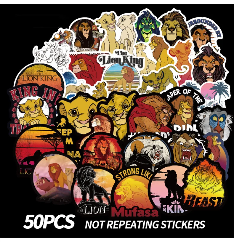 50PCS The Lion King Cartoon Stickers Figure Simba Mufasa Sarabi Pumbaa Luggage Laptop Notebook Decal Fridge Skateboard Stickers