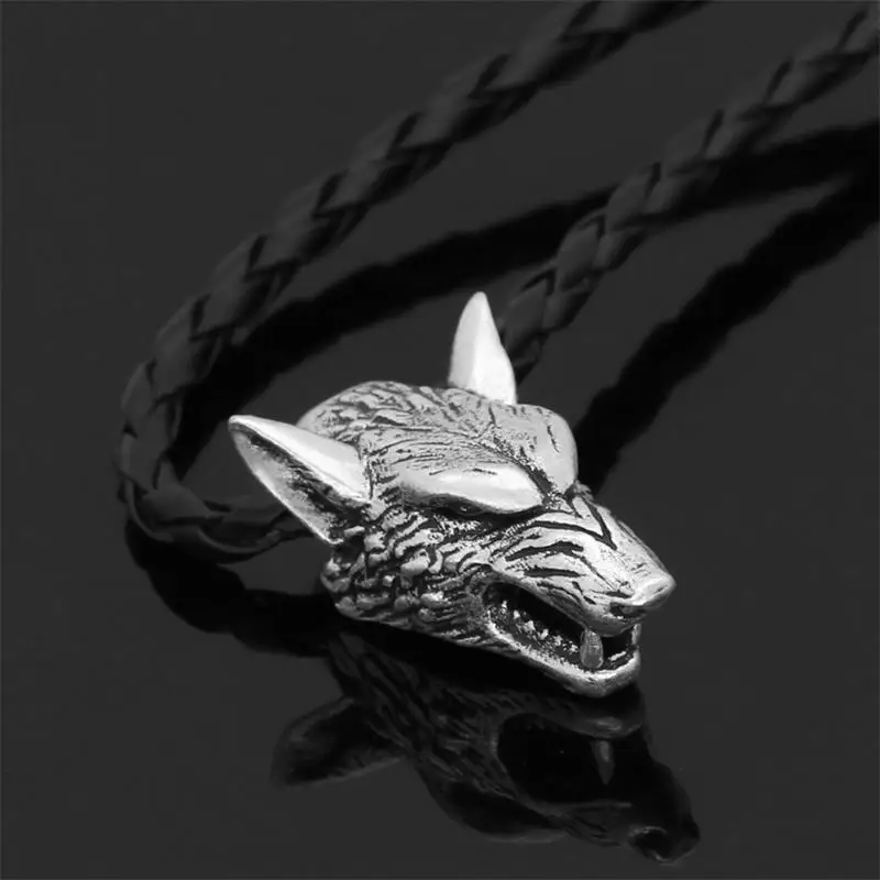 

Viking Wolf Head Pendant Necklace Leather Cord Necklace Silver Wolf Head Ornament Viking Jewelry