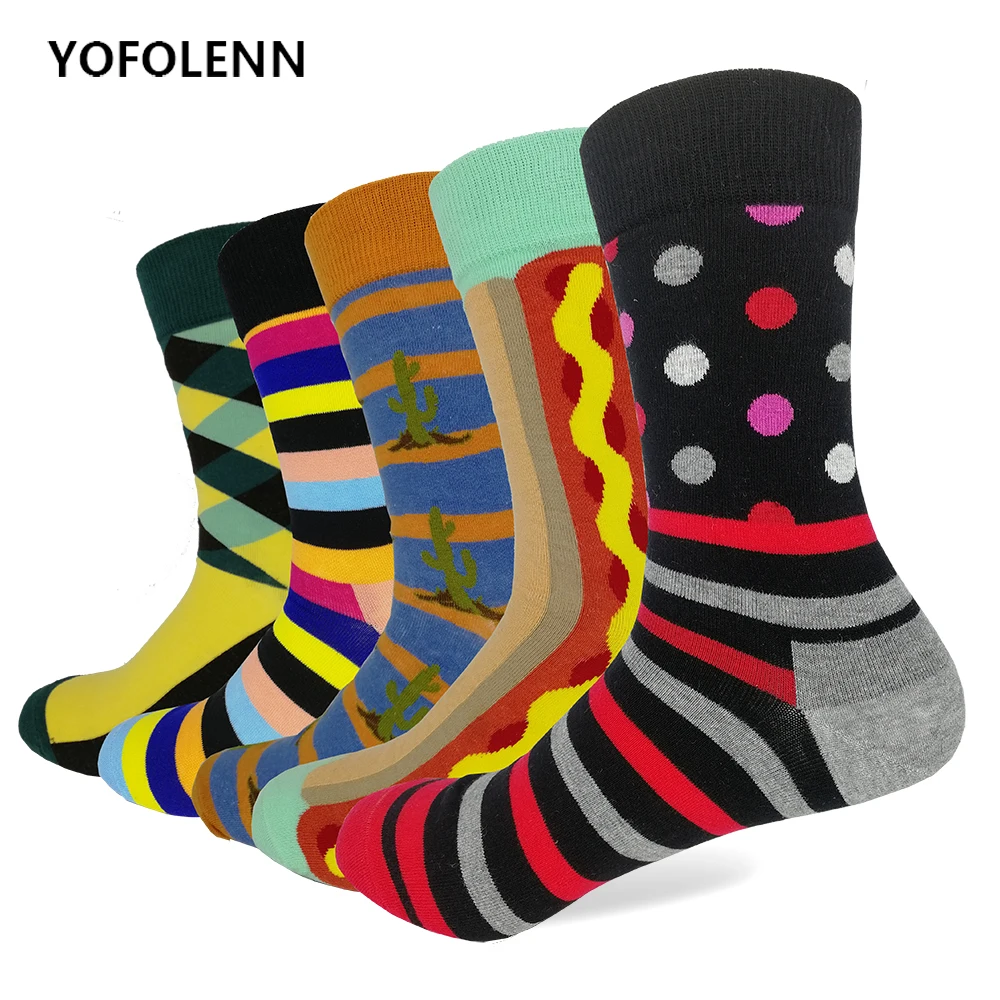 5 Pair/lot Men's Funny Happy Socks Colored Combed Cotton Dot Diamond