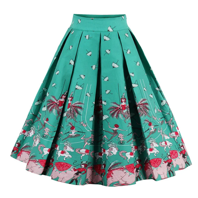 Kostlish Retro Print Flower Summer Skirts Womens 2017 High Waist Vintage Skirt Elegant A-Line Midi Women Skirt Plus Size XXL (18)
