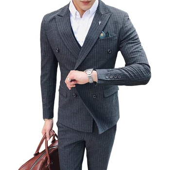 

(Jacket + vest + pants) Slim double-breasted suit 2019 latest tight-fitting man dance stripe suit wedding dress new man3 pieces
