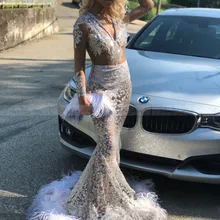 Блестящее серебристое платье русалки с блестками, черное платье для выпускного вечера с перьями, с длинным рукавом, с открытой спиной, Африканское платье на выпускной вечер