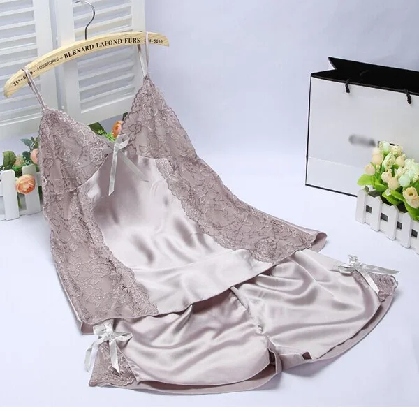 Женский сексуальный Шелковый Атласный пижамный комплект, кружевная Пижама, Женский пижамный комплект без рукавов с v-образным вырезом, летняя Домашняя одежда, одежда для сна для женщин - Цвет: gray