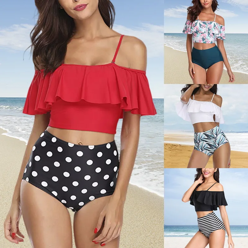 

Vertvie Women Swimwear Vintage Ruched Flounce Bikini 2019 High Printing Two Pieces Bathing Suit Push Up Sexy Beach Wear