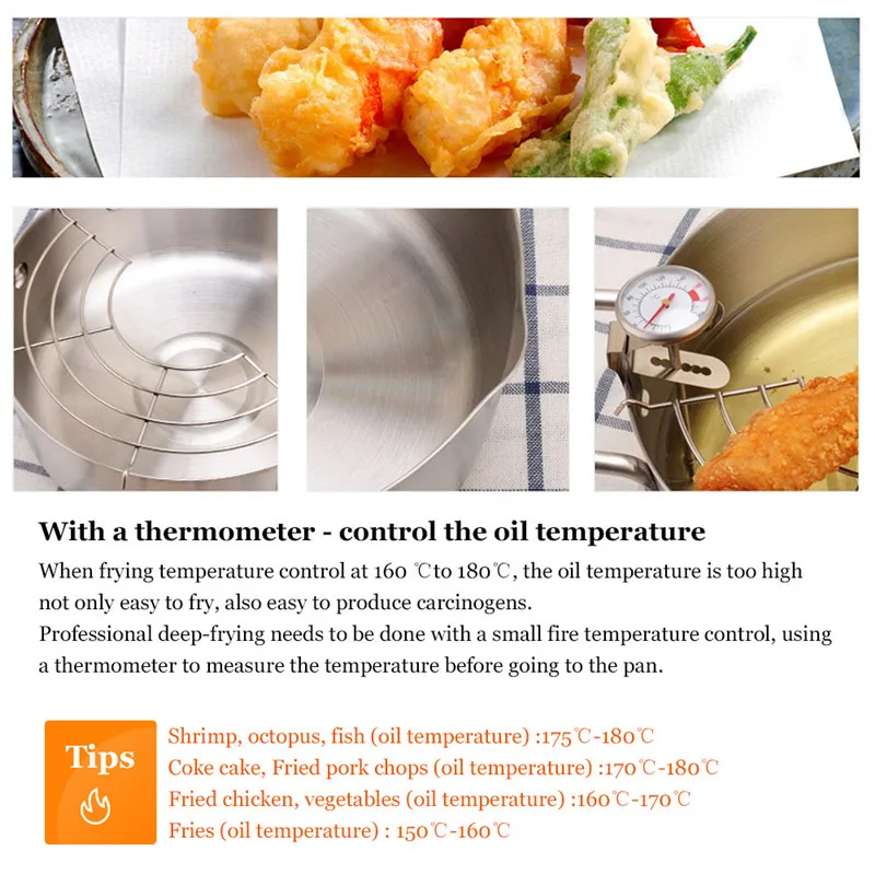 Frying Pan Fryer with Thermometer Non-stick Coating Tempura Fryer Pot Stainless Steel Mini Deep Pan with Oil Draining Shelf (7)