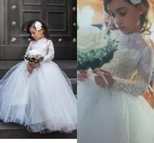2016 White Ivory Lace Flower Girls Dresses For Weddings Long Sleeves Girls First Communion Dress Princess Dress Girls Ball Gown