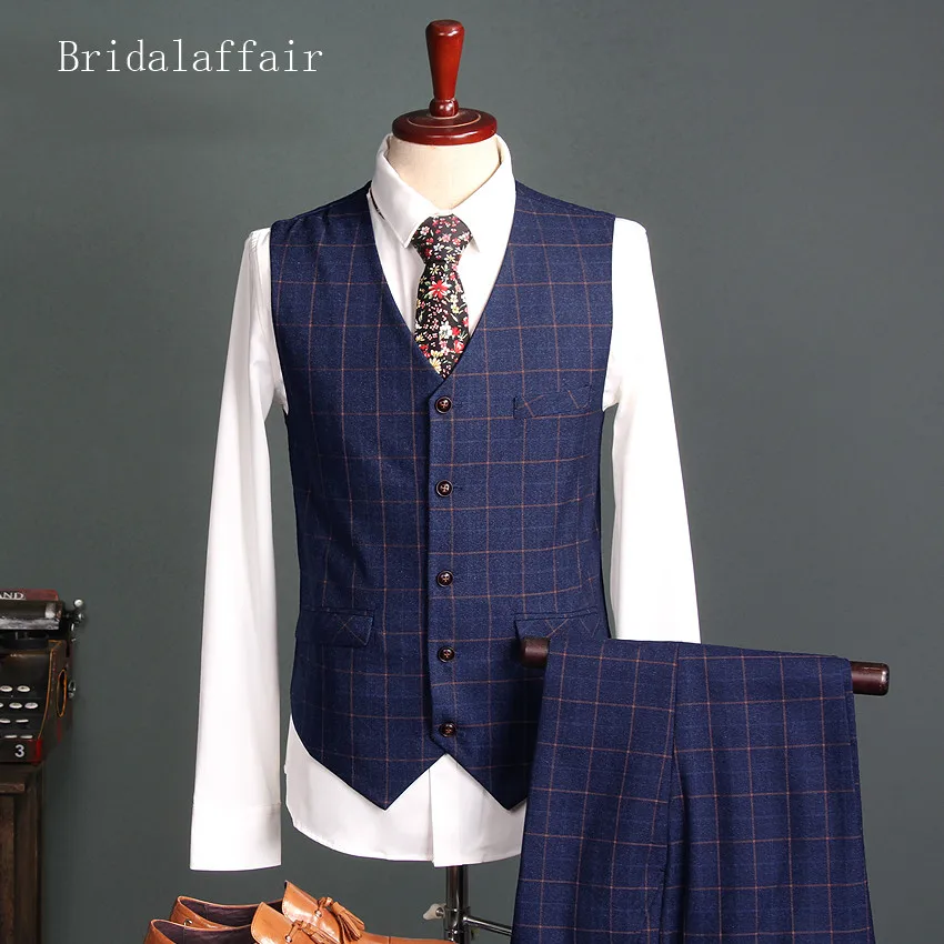Bridalaffair 3 шт. мужские костюмы брюки жилет клетчатый строгий костюмный Блейзер Синий мужской пиджак Свадебный костюм Блейзер для мужчин смокинг жениха
