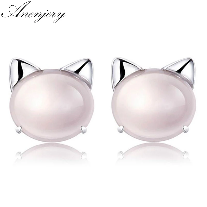 Серьги-гвоздики Anenjery с милым 925 пробы, серебряным камнем гибискуса и розовым кристаллом в виде кота для женщин и девушек, подарок, Серьги brincos S-E469