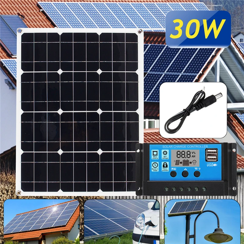 

3in1 30W 12V/5V DC USB Solar Panel Kit Solar Power System Suit 20A PWM Multifunction Controller 30cm DC Cable