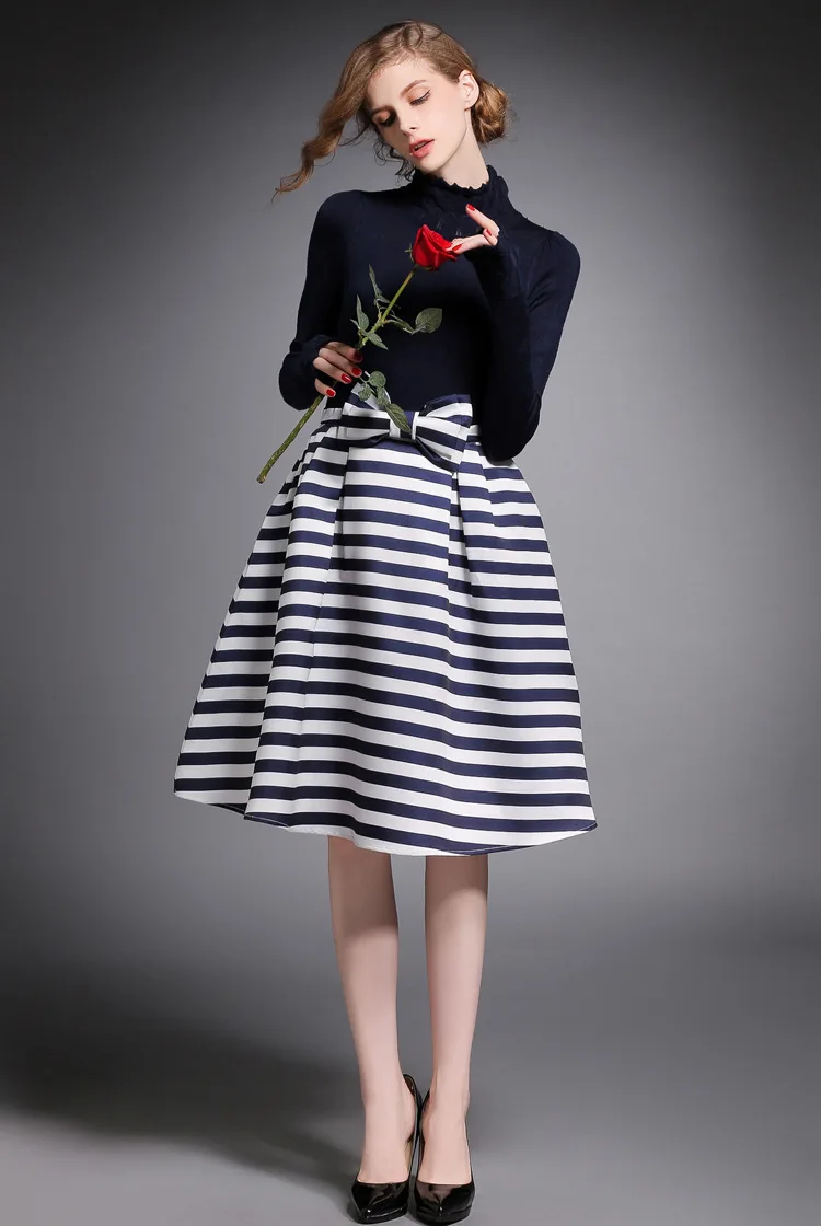 

New women ball gown slim long sleeve sweater patchwork striped long dress