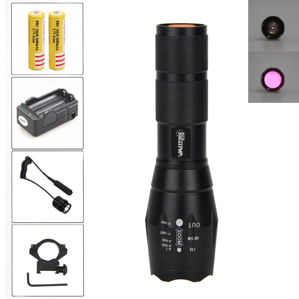 

Night Vision Torch Zoomable 850nm IR LED Hunting Lamp+2 pcs 18650 Battery+Mount+Remote Pressure Switch+Charger