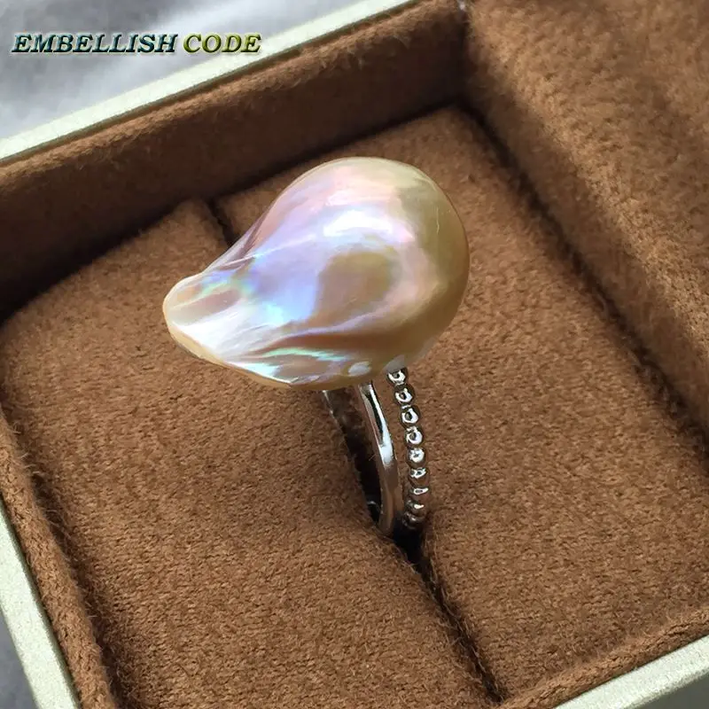 Регулируемое кольцо с жемчугом в стиле барокко, серебро 925 пробы, простой стиль, фиолетовое, золотое, редкие цвета, блестящая форма огненного шара для женщин