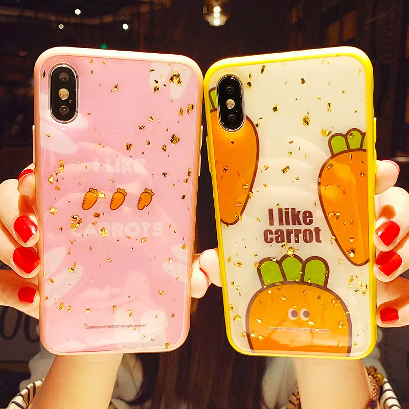 

Cartoon Cute Carrot Glitter Gold Foil Shining Case For iPhone X XR XS Max Silicone Cover Pink Carrot Pattern Soft Glossy Cases