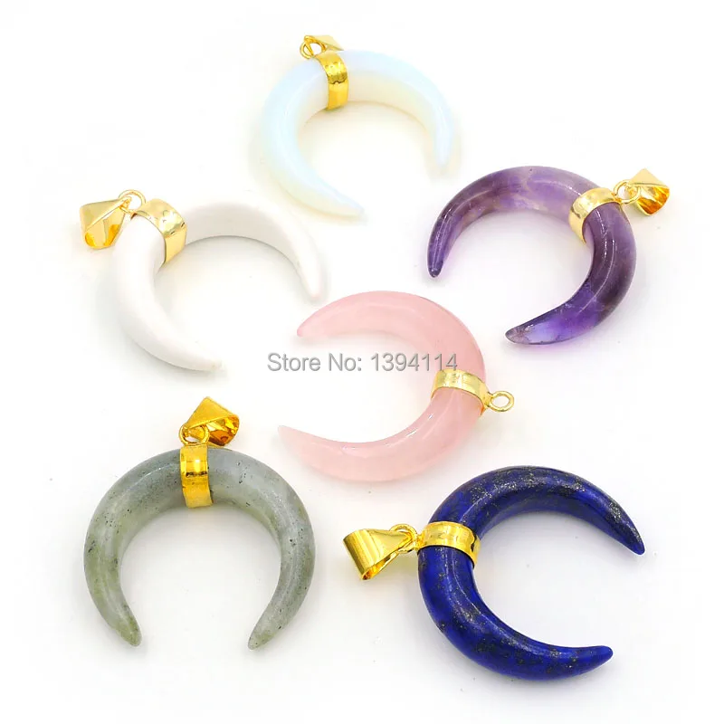 Mixed Stones Pink Quartz/Lapis/Labradorite Crescent Pendants Copper Casing Of Plating Gold Approx 30*30*8mm | Украшения и