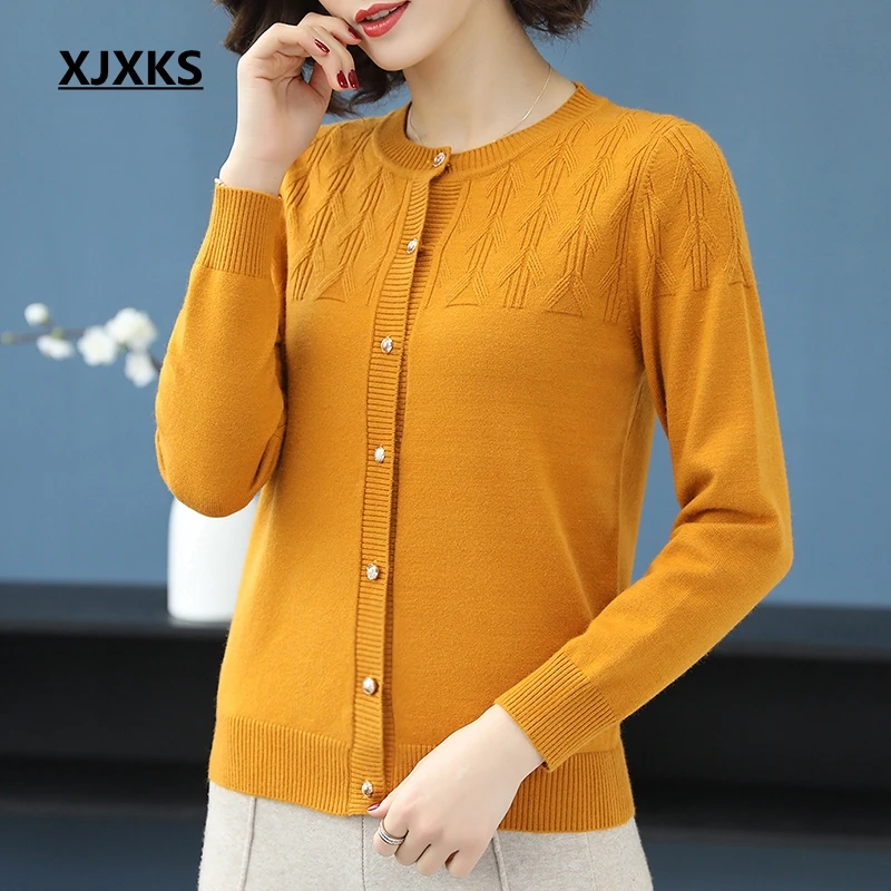 XJXKS кардиган женский однотонный вязаный однобортный свитер с круглым вырезом хорошее качество кардиганы Весна Modis женский свитер - Цвет: Оранжевый