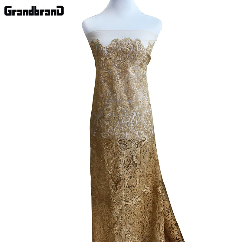 

Gold Metallic Embroidered African Guipure Cord Lace Fabric Patchwork tissue tecido for Wedding Evening Dress Clothes 2yd/C21