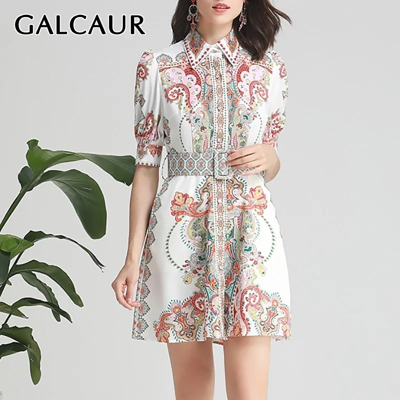 

GALCAUR Vintage Print For Dress Women Lapel Half Sleeve High Waist Slim Mini Dresses Female Fashion Clothes 2019 Summer New