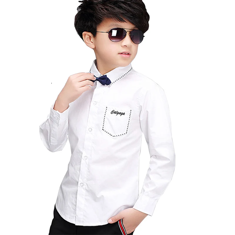 Новинка года; Модный черно-белый топ для мальчиков-подростков; Формальные Рубашки из хлопка свадебные рубашки с галстуком-бабочкой для больших мальчиков; Детская школьная одежда