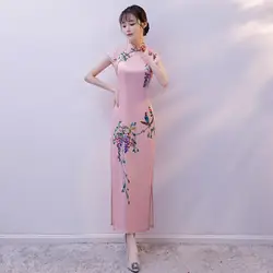 Лето атласные длинное Ципао стильная женская обувь высокая Разделение Cheongsam невесты свадебное Вечеринка тонкий китайское платье с