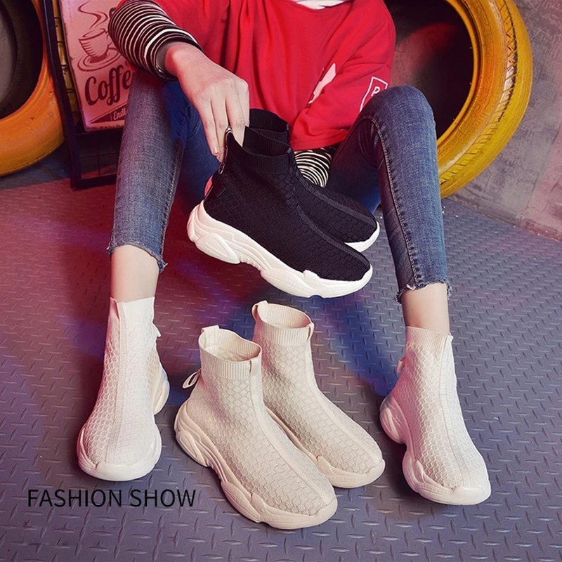 

SAILING LU Sneakers Women Knit Upper Breathable Sport Shoes Mesh Boots Thick Bottom Shoes High Sneakers Shoes For Women XWX7330