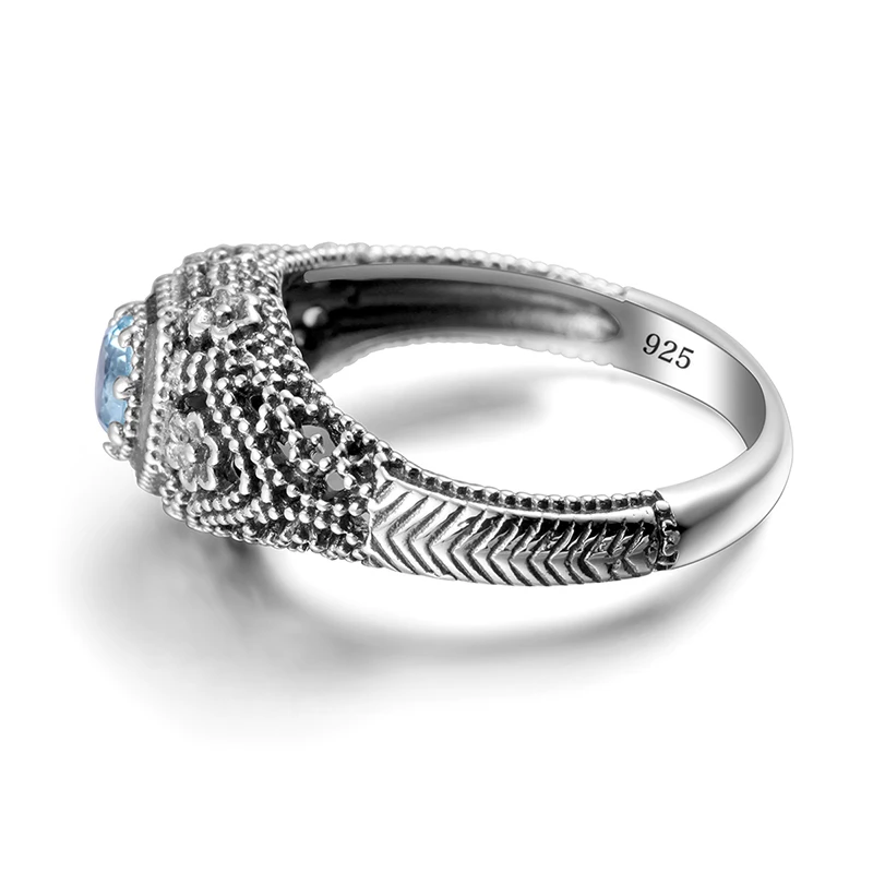 Szjinao Finger Rings For Women Vintage Blue Aquamarine Flower Ring Solid 925 sterling- silver-jewelry Crystal bachelorette party