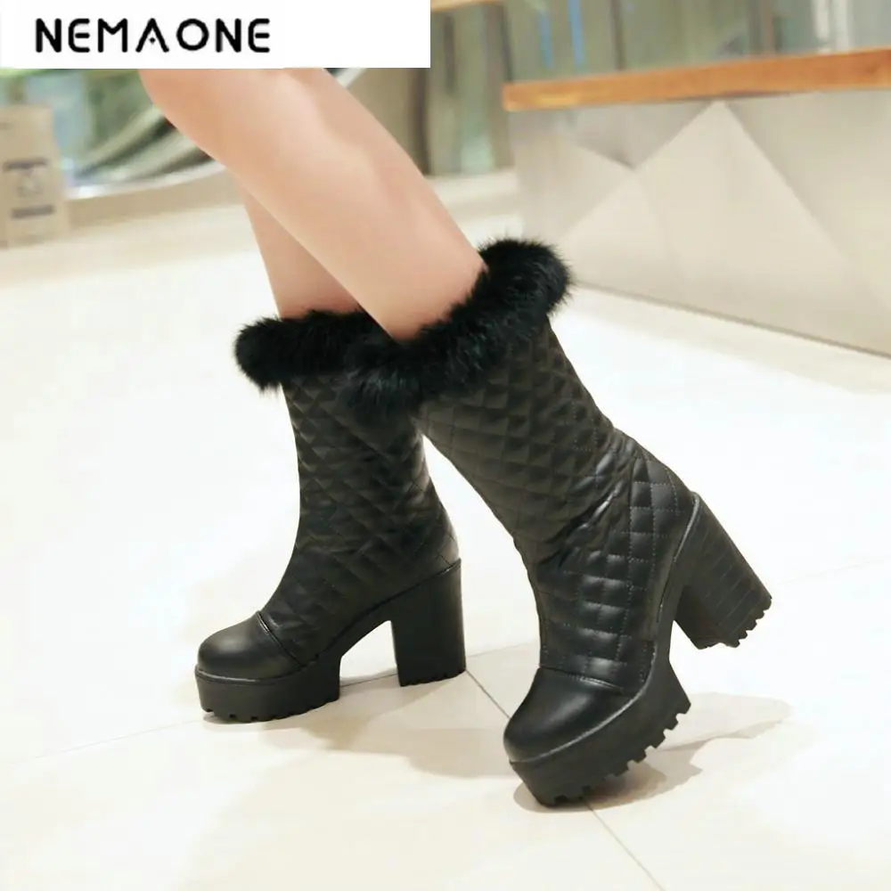 

2018 New Women Boots Vintage Square High Heels Spring Autumn Shoes Round Toe Platform Winter Fur Shoes Snow Boots