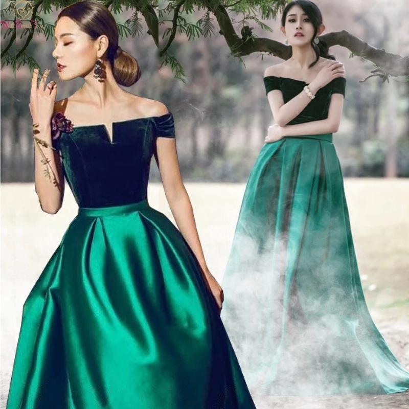 

Hunter Green A Line Evening Dresses 2019 New Elegant Boat Neck Off The Shoulder robe de soiree Formal Party Satin Long Prom Gown