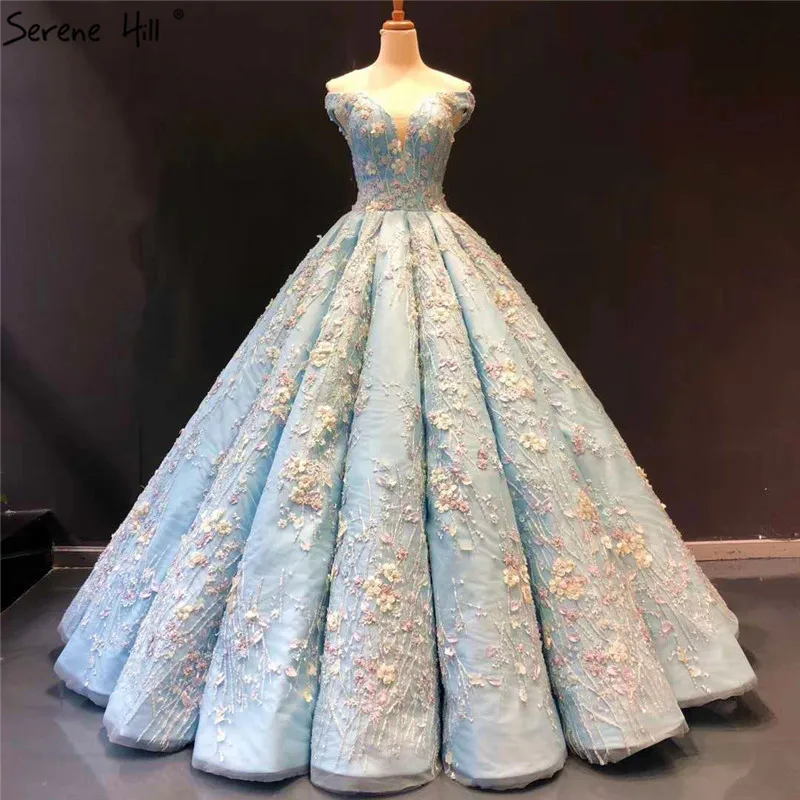 

Blue Off Shoulder High-end Flowers Wedding Dresses 2019 Sleeveless Pearls Sexy Lace Up Bridal Gowns Real Photo