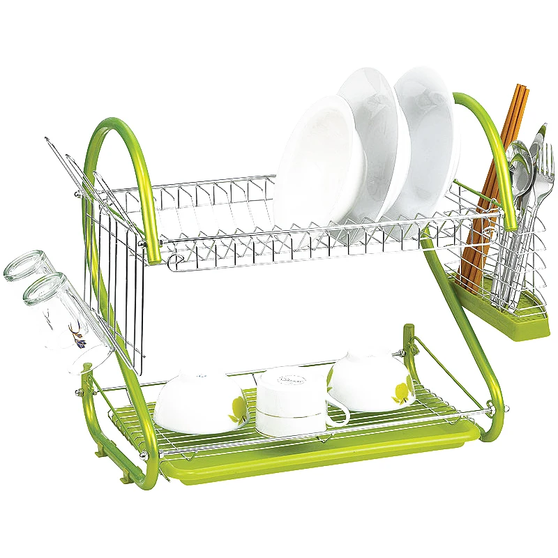 

iron 2 layer Chrome Kitchen Dish Cup Drying Rack Drainer Dryer Tray Cutlery Holder Organizer Tiers