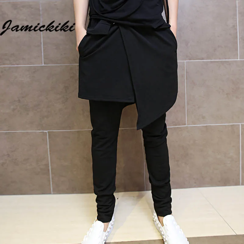 Hot Sale Trousers Homme 2016 Fashion Men's Streetwear Faux Two Piece Harem Pants Men Black Cotton Tracksuit Sweatpants | Мужская