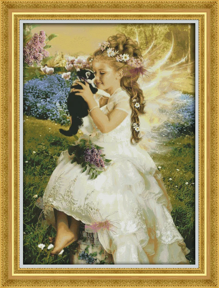 

The beautiflu girl holding the cat Printed Canvas DMC Counted Cross Stitch Kits printed Cross-stitch set Embroidery Needlework