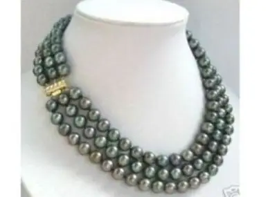 

Hot selling free shipping***** triple strand 8-9mm natural Australian south sea black pearl necklace 17-19''14KGP