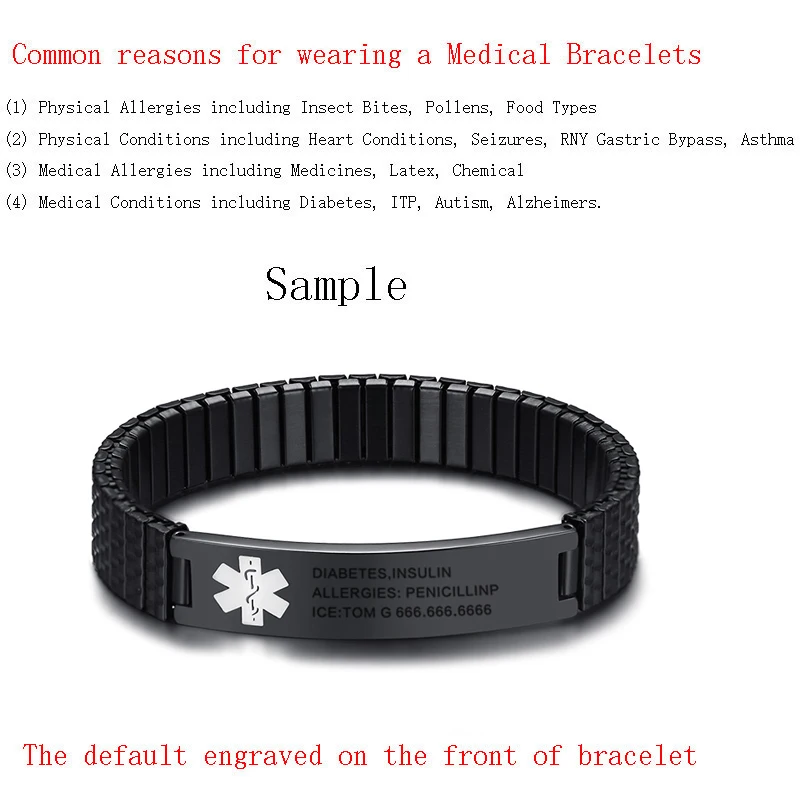 Браслет из нержавеющей стали черный браслет с гравировкой|stretch bracelet|medical alertbracelet