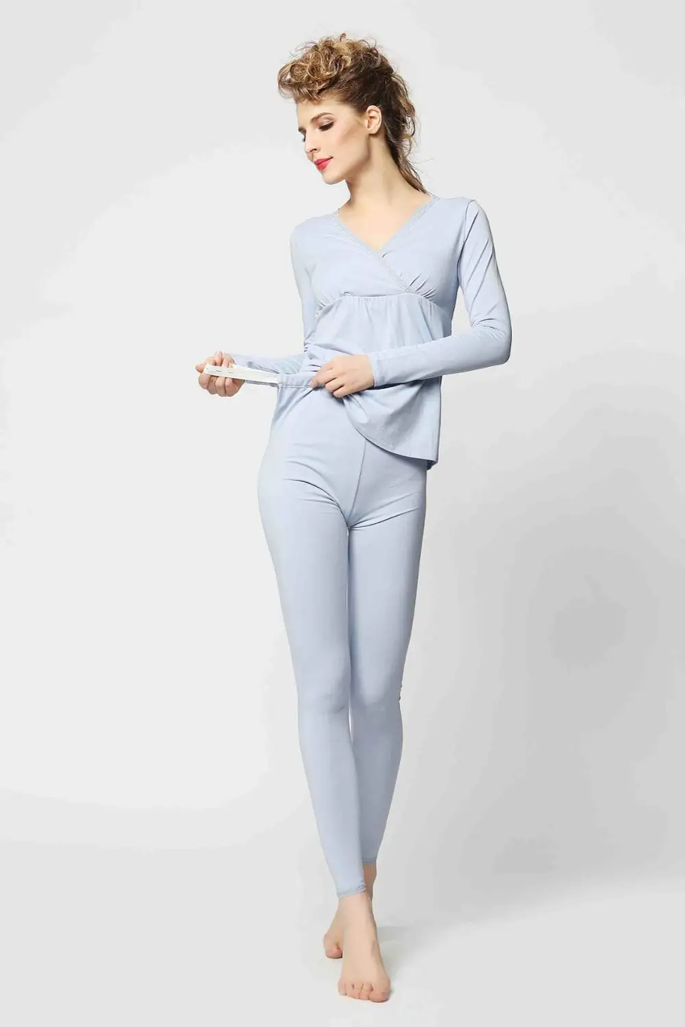 Модальные ткани для беременных Для женщин пижамы костюм грудного вскармливания костюмы Портативный грудного вскармливания одежда - Цвет: Light blue
