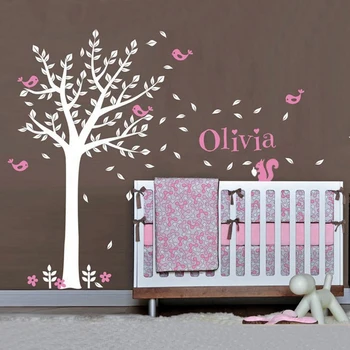

Nursery Tree Custom Name Flower Wall Stickers Squirrels Birds Wall Art Decal Vinyl Baby Kids Rooms Decorations Home Decor