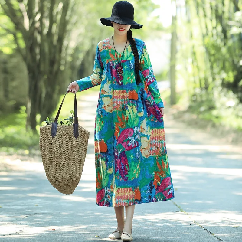

long sleeve cotton linen plus size vintage floral women casual loose spring autumn dress elegant vestido clothes 2019 dresses