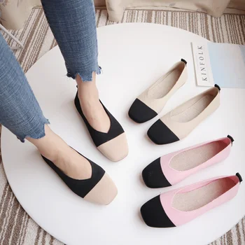

EOEODOIT Square Toe Patchwork Women Shoes V Mouth Stretch Knit Breathable Fabric Ballet Flats Female Casual Cozy Sneakers Loafer