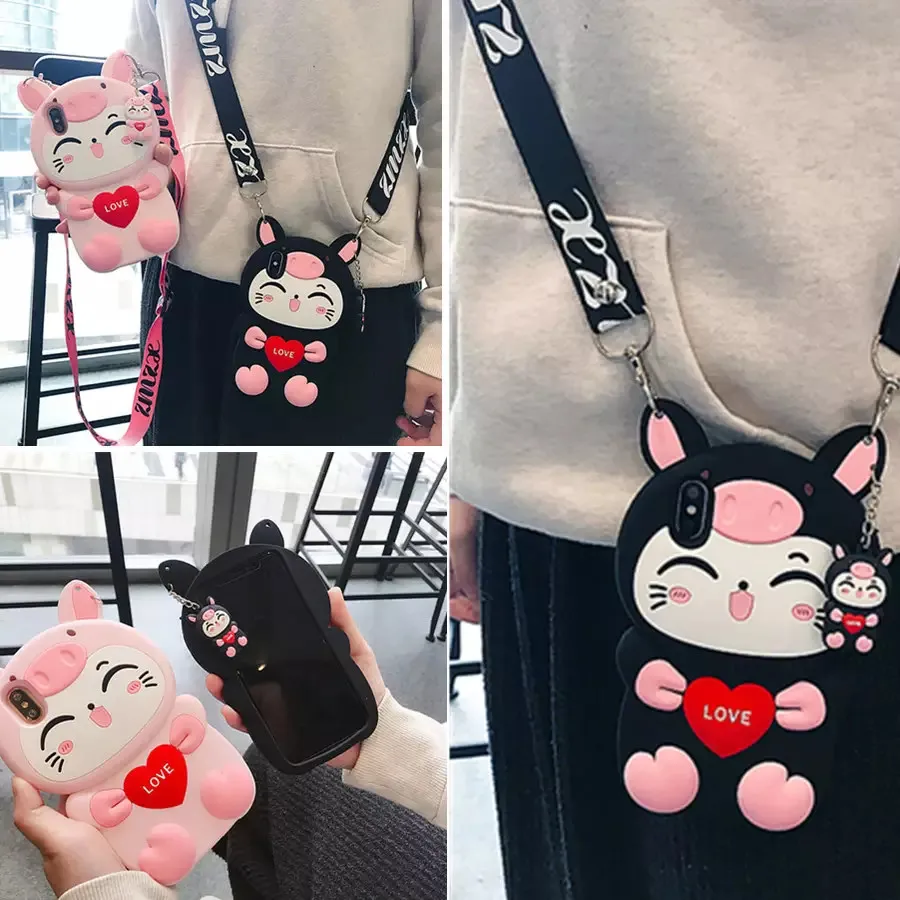 

cute 3d luck cat strap silicone case for iphone 7 8 plus XS MAX XR cartoon soft protective back cover for iphone 6 6s plus case