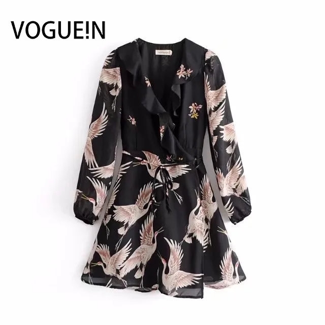 

VOGUEIN New Womens Sexy V Neck Crane Print With Lotus Long Sleeve Mini Dress Wholesale