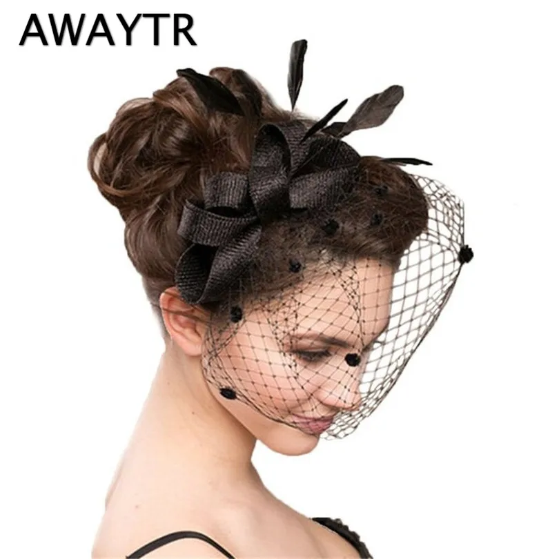 

AWAYTYR Fashion Women Hat Mesh Flower Bow Hairpin Wedding Photography Props Hair Accessories Feather Headdress Hairpins