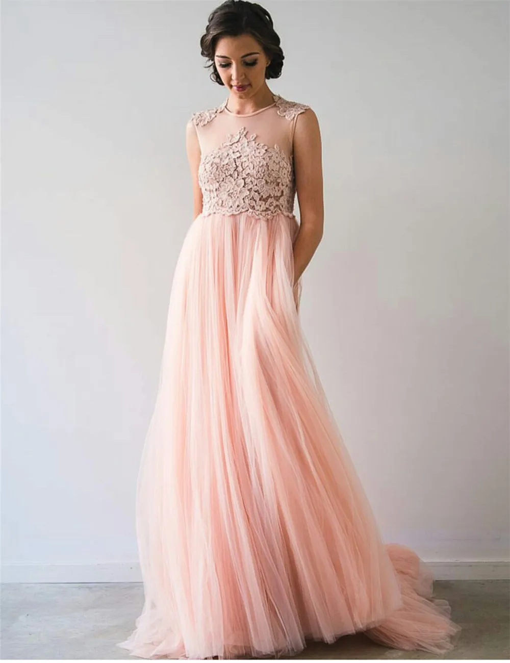 Cheap Pink Chiffon Appliques Pink Evening Dress Long A line Sleeveless