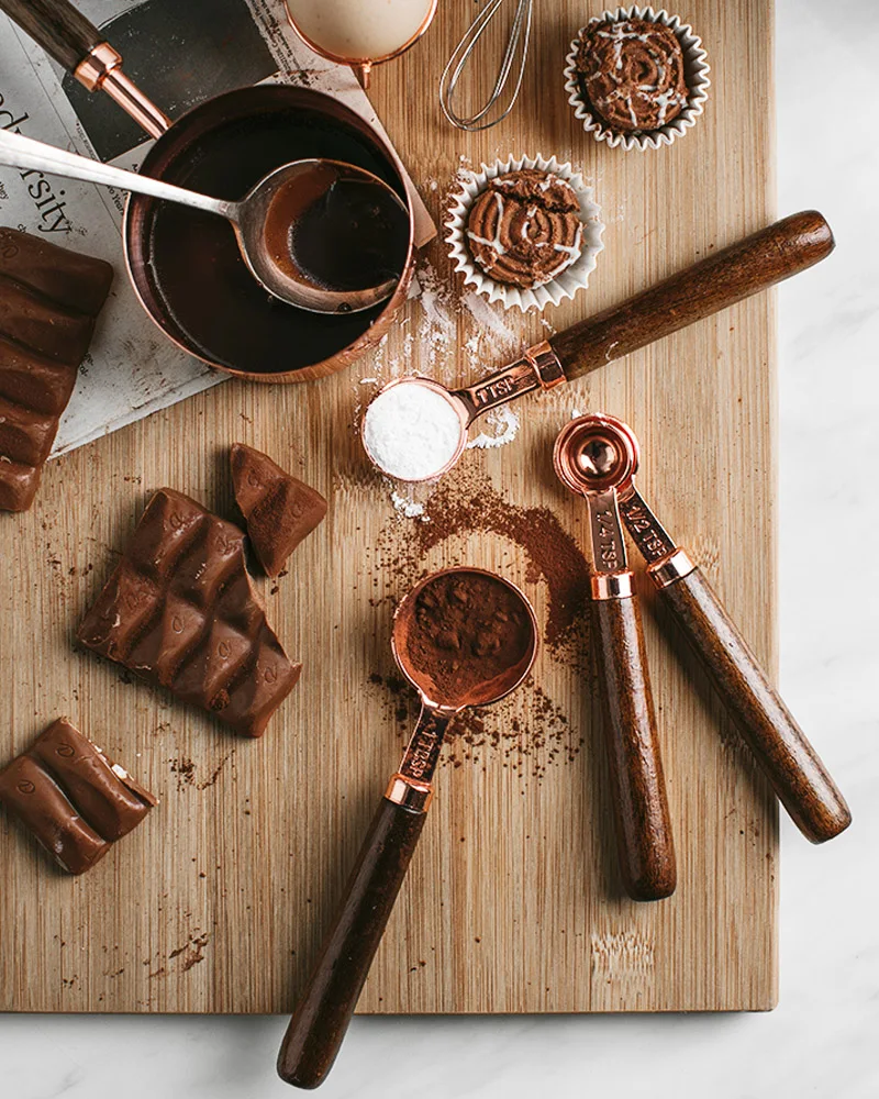 4pcs Rose Gold Measuring Spoons Wood Handle Stainless Steel Measuring Spoon Set Coffee Scoop Kitchen Scale Baking Cooking Tools (6-1)