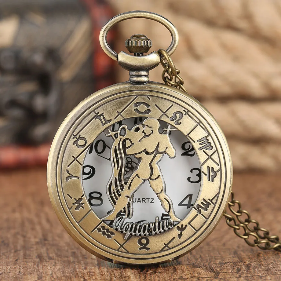 Fashion New 12 Constellation Aquarius Pocket Watch Retro Old American Flip Cover Children Students Hanging Pendant Quartz Watch (7)