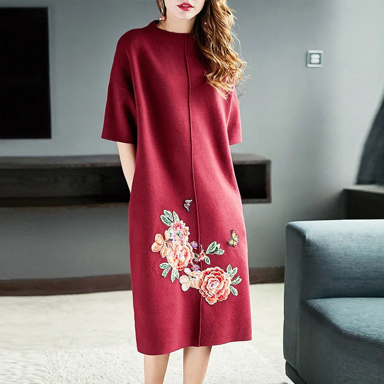 

Autumn 2018 New Vintage Floral Embroidery Dress Women Pocket Half Sleeve Ladies Casual Dresses Ethnic Vestido Mujer High Quality
