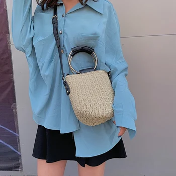 

FGGS-Women Vintage Straw Storage Handbags Beach Summer Crossbody Bag Lady Multifunction Fashion Shoulder Bag Tote Casual