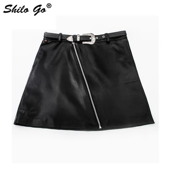 

SHILO GO Leather Skirt Womens Autumn Fashion sheepskin genuine leather Skirt Sexy Vintage Belt Front zipper high waist skirt