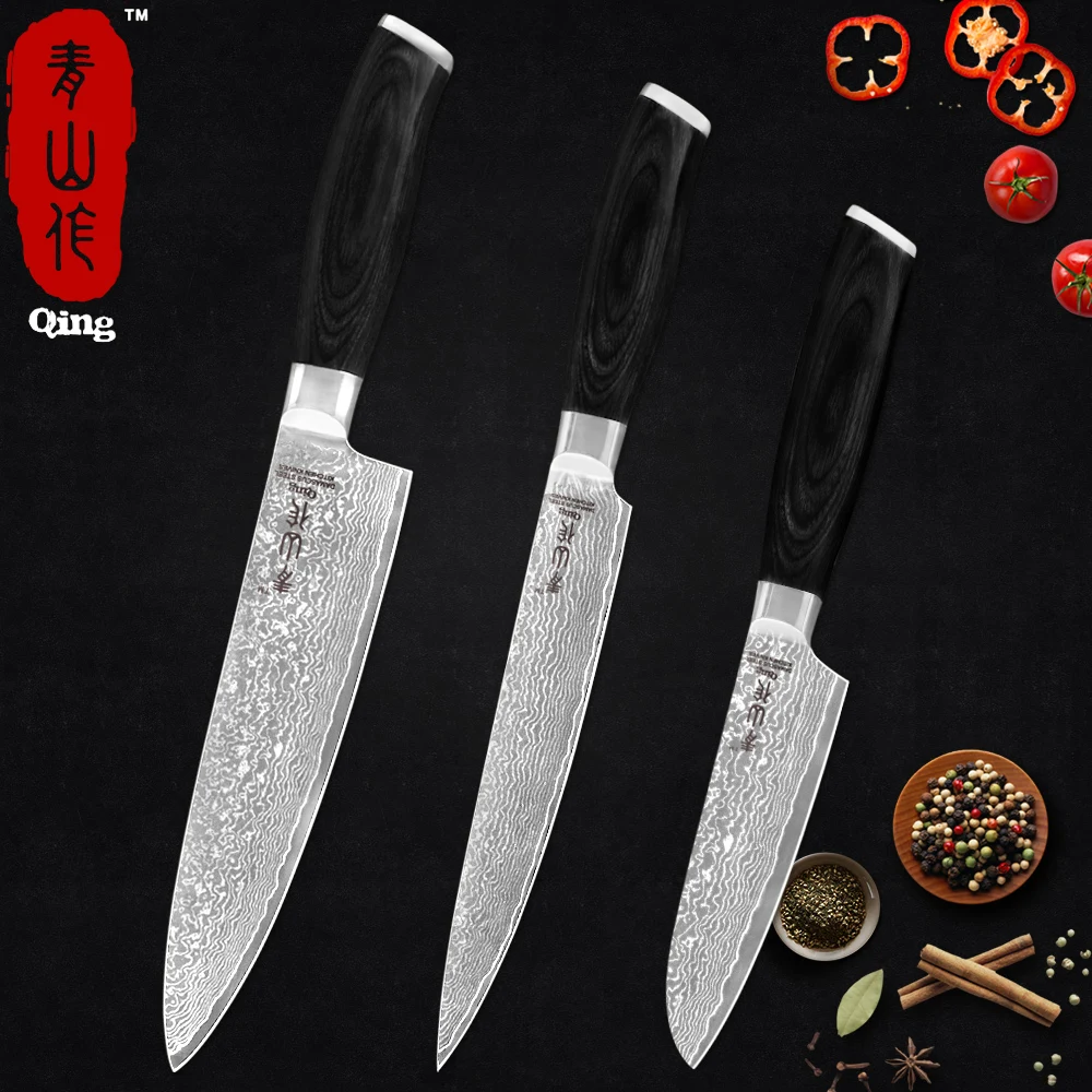 

QING Damascus Stainless Steel Kitchen Knife 5'' 8'' 8'' Santoku Slicing Chef Knife Meat Fish Kitchen Gadgets Damascus Cleaver