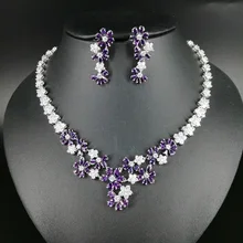 2017 NEW FASHION,luxury purple five leaves flower zircon golden necklace earring set,wedding bride party dress banquet jewelry